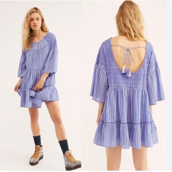 Free People Women's Delilah Embroidered Long Sleeve Minidress Blue Size Medium